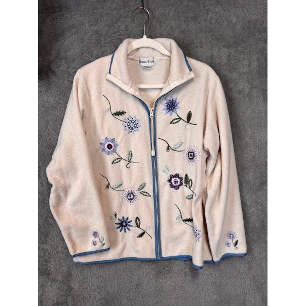 Bonnie Evans Womens L Fleece Jacket Cream Floral Embroidered Full Zip Mock Neck